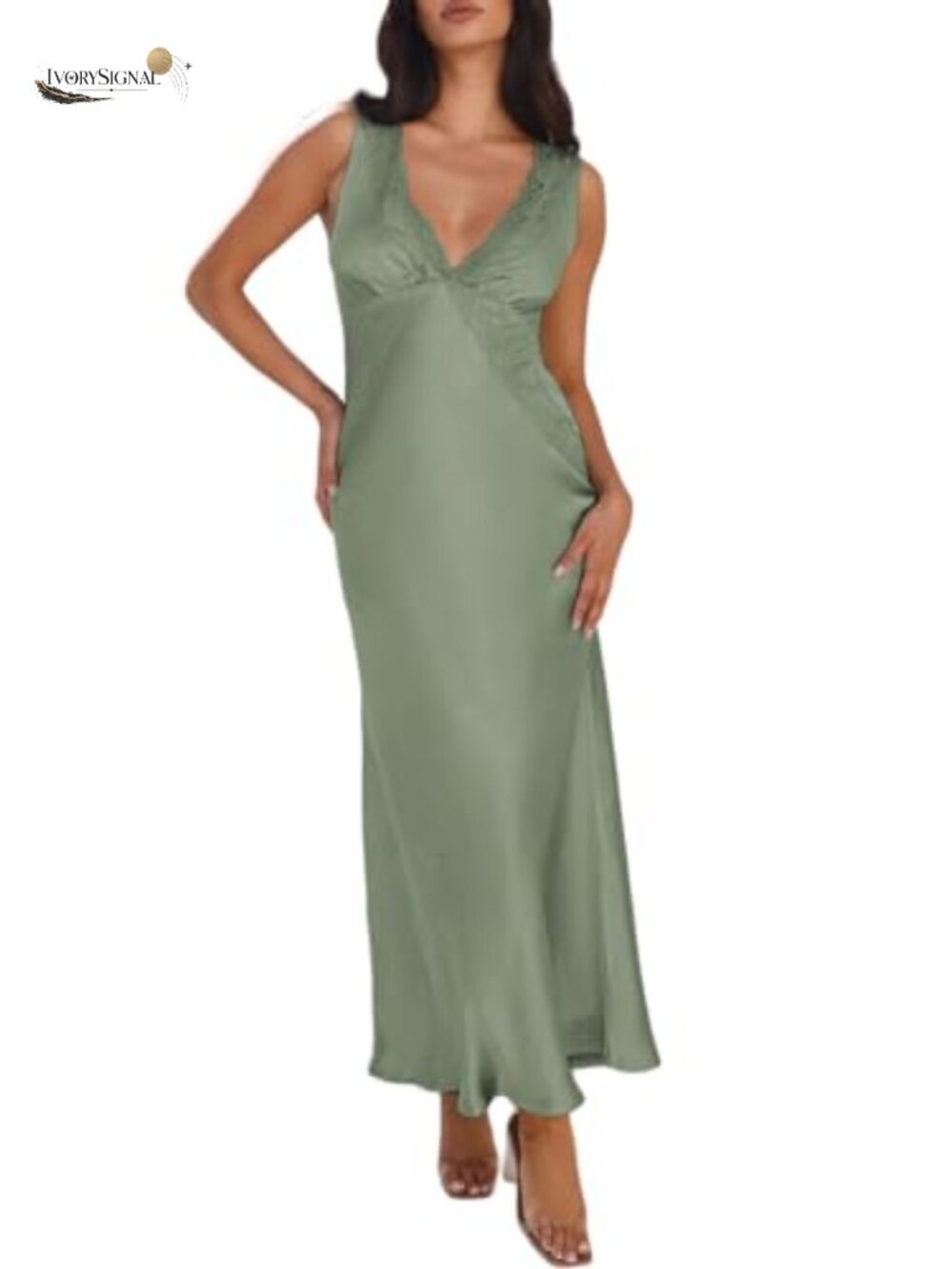 Satin Lace V Neck Backless Sleeveless Maxi Dress Formal Wedding Guest